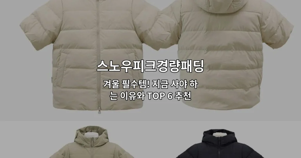 스노우피크경량패딩의 다양한 제품들과 겨울 착용 모습을 소개하는 썸네일 이미지